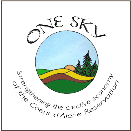 The words One Sky: Strengthening the creative economy of the Coeur d'Alene Reservation around an image of trees and the sun setting behind rolling hills.